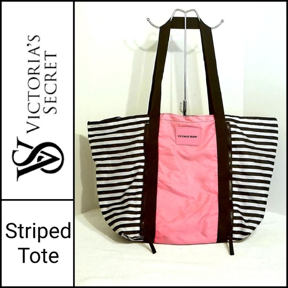 Victoria's Secret Black, White & Pink Striped Tote - Picture 1 of 4